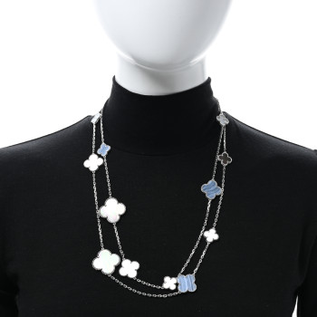 VAN CLEEF & ARPELS 18K White Gold Mother of Pearl Chalcedony 16 Motifs Magic Alhambra Necklace