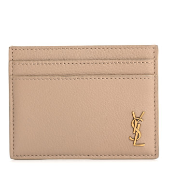 SAINT LAURENT Calfskin Tiny Cassandre Credit Card Case Dark Beige