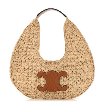 CELINE Raffia Calfskin Triomphe Panier Hobo Bag Natural Tan