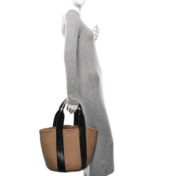 CHLOE Raffia Calfskin Crocodile Embossed Large Woody Tote Black