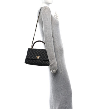 CHANEL Caviar Lizard Embossed Quilted Small Coco Handle Flap Black