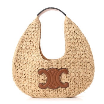 CELINE Raffia Calfskin Triomphe Panier Hobo Bag Natural Tan