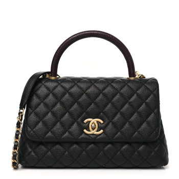 CHANEL Caviar Lizard Embossed Quilted Small Coco Handle Flap Black