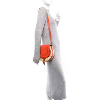 CHLOE Grained Calfskin Palm Woven Small Marcie Basket Saddle Rusted Orange