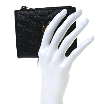 SAINT LAURENT Grain De Poudre Matelasse Chevron Monogram Zipped Card Case Black