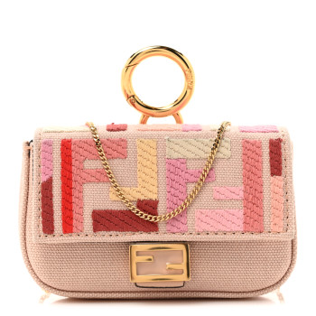 FENDI Canvas Vitello King FF Multicolor Embroidered Nano Baguette Charm Rosa Quarzo Bloody Mary Multicolor