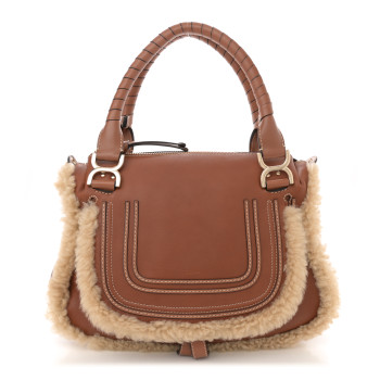 CHLOE Calfskin Shearling Medium Marcie Satchel Tan