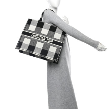 CHRISTIAN DIOR Canvas Embroidered Checkered Book Tote Black White CHRISTIAN DIOR Canvas Embroidered Checkered Book Tote Black White
