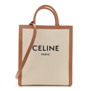 CELINE Canvas Calfskin Logo Print Small Vertical Cabas Natural Tan