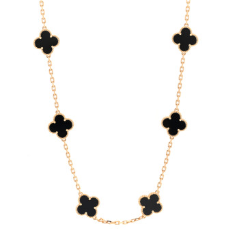 VAN CLEEF & ARPELS 18K Yellow Gold Black Onyx 10 Motifs Vintage Alhambra Necklace