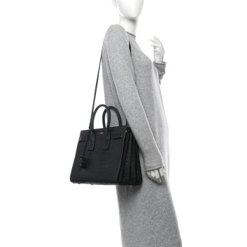 SAINT LAURENT Calfskin Crocodile Embossed Small Sac de Jour Dusty Black