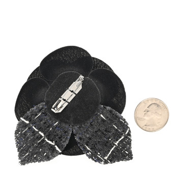 CHANEL Tweed Camellia Pin Brooch Black White