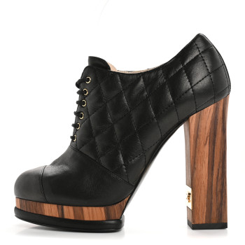 CHANEL Lambskin Quilted Cap Toe Lace Up Booties 36 Black