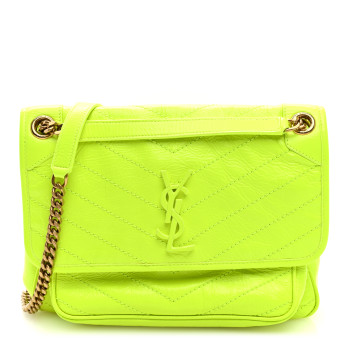 SAINT LAURENT Crinkled Calfskin Matelasse Monogram Medium Niki Chain Satchel Neon Yellow