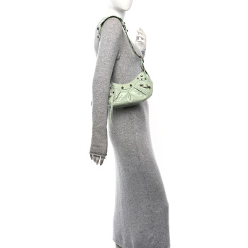 BALENCIAGA Extra Supple Calfskin Crocodile Embossed Le Cagole Shoulder Bag XS Light Green