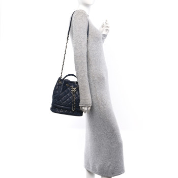 CHANEL Caviar Quilted Large Rolled Up Bucket Drawstring Bag Navy