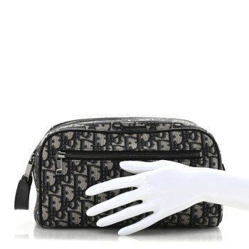 CHRISTIAN DIOR Oblique Jacquard Grained Calfskin Toiletry Bag Blue Black CHRISTIAN DIOR Oblique Jacquard Grained Calfskin Toiletry Bag Blue Black