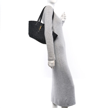 SAINT LAURENT Raffia Calfskin Small Panier Tote Black