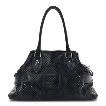 FENDI Patent Perforated Calfskin Bag De Jour Perforated Tote Navy