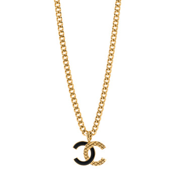 CHANEL Metal Enamel Quilted CC Chain Necklace Pendant Gold Black