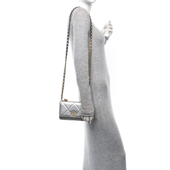 CHANEL Metallic Lambskin Quilted Chanel 19 Wallet On Chain WOC Silver