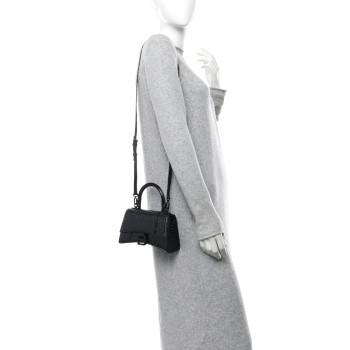 BALENCIAGA Shiny Calfskin Monochrome Crocodile Embossed Hourglass Top Handle Bag XS Black