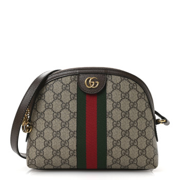 GUCCI GG Supreme Monogram Textured Dollar Calfskin Web Small Ophidia Dome Shoulder Bag Beige Ebony New Acero