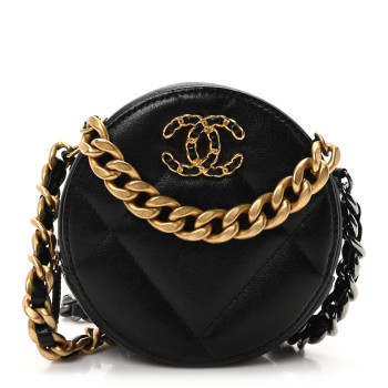 CHANEL Shiny Goatskin Quilted Chanel 19 Round Clutch With Chain  Black