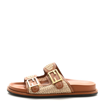 FENDI Raffia Vitello Womens Fendi Feel Buckled Slide Sandals 39 Paglia Brandy