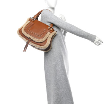 CHLOE Calfskin Shearling Medium Marcie Satchel Tan