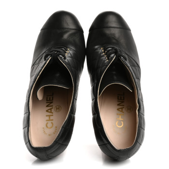 CHANEL Lambskin Quilted Cap Toe Lace Up Booties 36 Black