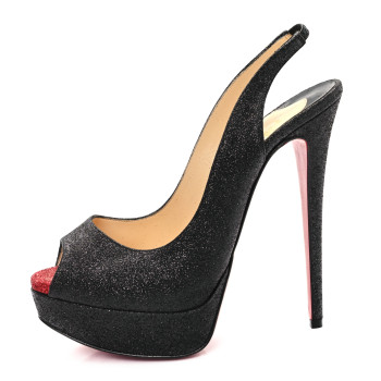 CHRISTIAN LOUBOUTIN Glitter Lady Peep Sling 150 Pumps 37.5 Black Red