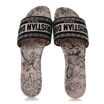 CHRISTIAN DIOR Canvas Jardin d'Hiver Embroidered Dway Flat Slide Sandals 38 Black Nude CHRISTIAN DIOR Canvas Jardin d'Hiver Embroidered Dway Flat Slide Sandals 38 Black Nude