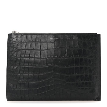 SAINT LAURENT Calfskin Crocodile Embossed Zipped Tablet Holder Black