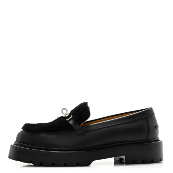 HERMES Calfskin Shearling Icone Loafers 37 Black