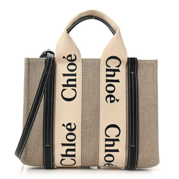 CHLOE Cotton Calfskin Small Woody Ribbon Tote With Strap White Navy