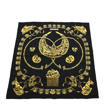 HERMES Silk Mousseline Les Cavaliers D'Or Scarf 90
