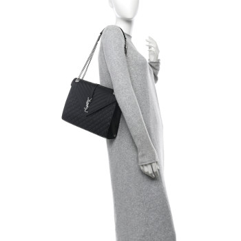 SAINT LAURENT Grain De Poudre Textured Mixed Matelasse Large Triquilt Monogram Satchel Black