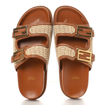 FENDI Raffia Vitello Womens Fendi Feel Buckled Slide Sandals 39 Paglia Brandy