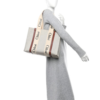 CHLOE Cotton Calfskin Medium Woody Ribbon Tote White Brown