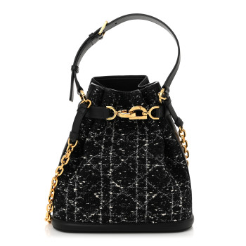 CHRISTIAN DIOR Calfskin Tweed Cannage Medium C'est Chain Bucket Bag Black White CHRISTIAN DIOR Calfskin Tweed Cannage Medium C'est Chain Bucket Bag Black White