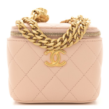 CHANEL Lambskin Quilted Mini Sweet Camellia Vanity Case With Chain Beige