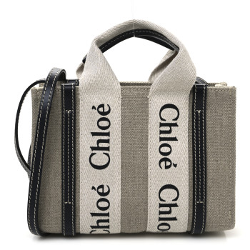 CHLOE Cotton Calfskin Mini Woody Ribbon Tote White Navy