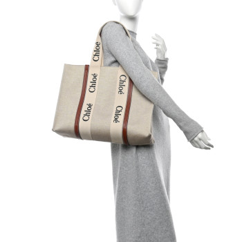 CHLOE Cotton Calfskin Large Woody Ribbon Tote White Brown