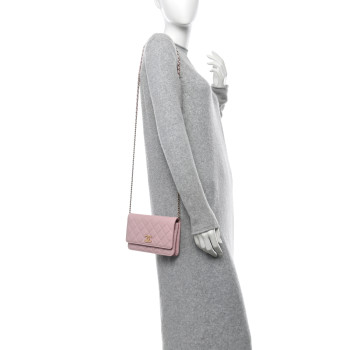 CHANEL Caviar Quilted Studded CC Wallet on Chain WOC Light Pink