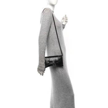 BALENCIAGA Shiny Calfskin Monochrome Crocodile Embossed Hourglass Chain Bag Black