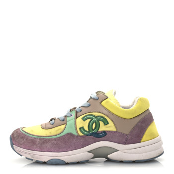 CHANEL Nylon Lambskin Calfskin Suede CC Womens Sneakers 38.5 Pink Yellow Purple