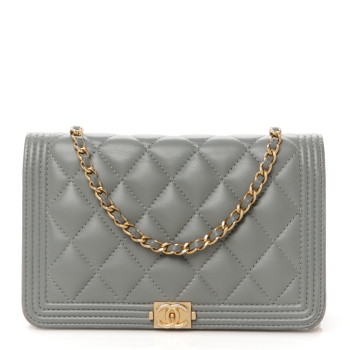 CHANEL Lambskin Quilted Boy Wallet On Chain WOC Grey
