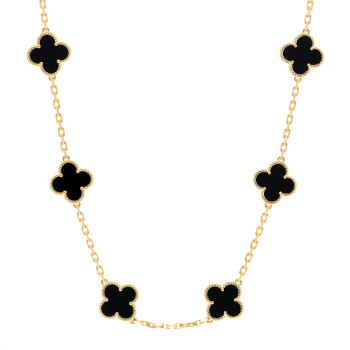 VAN CLEEF & ARPELS 18K Yellow Gold Black Onyx 10 Motifs Vintage Alhambra Necklace