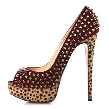 CHRISTIAN LOUBOUTIN Veau Velours Calf Hair Leopard Lady Peep Spikes 150 Pumps 38 Red